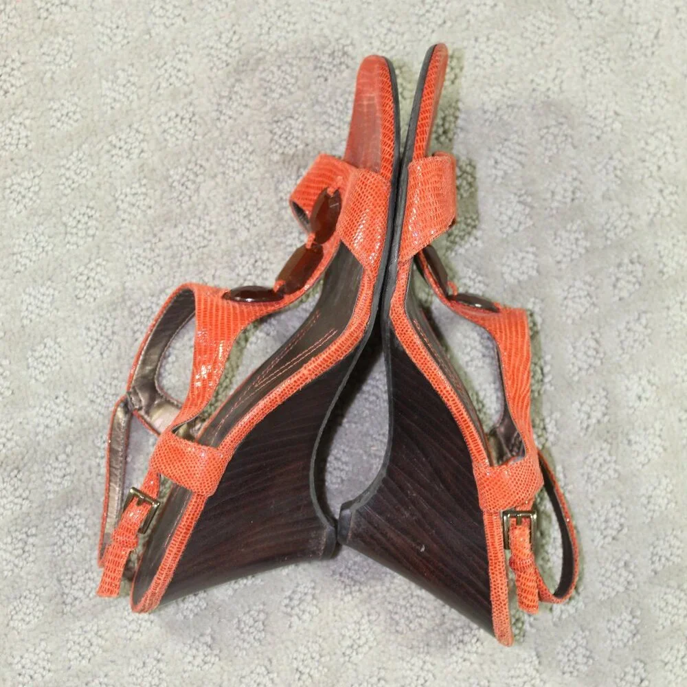 Anne Klein Sz 6.5M Orange Jeweled Snakeskin Wedge Heel Shoes